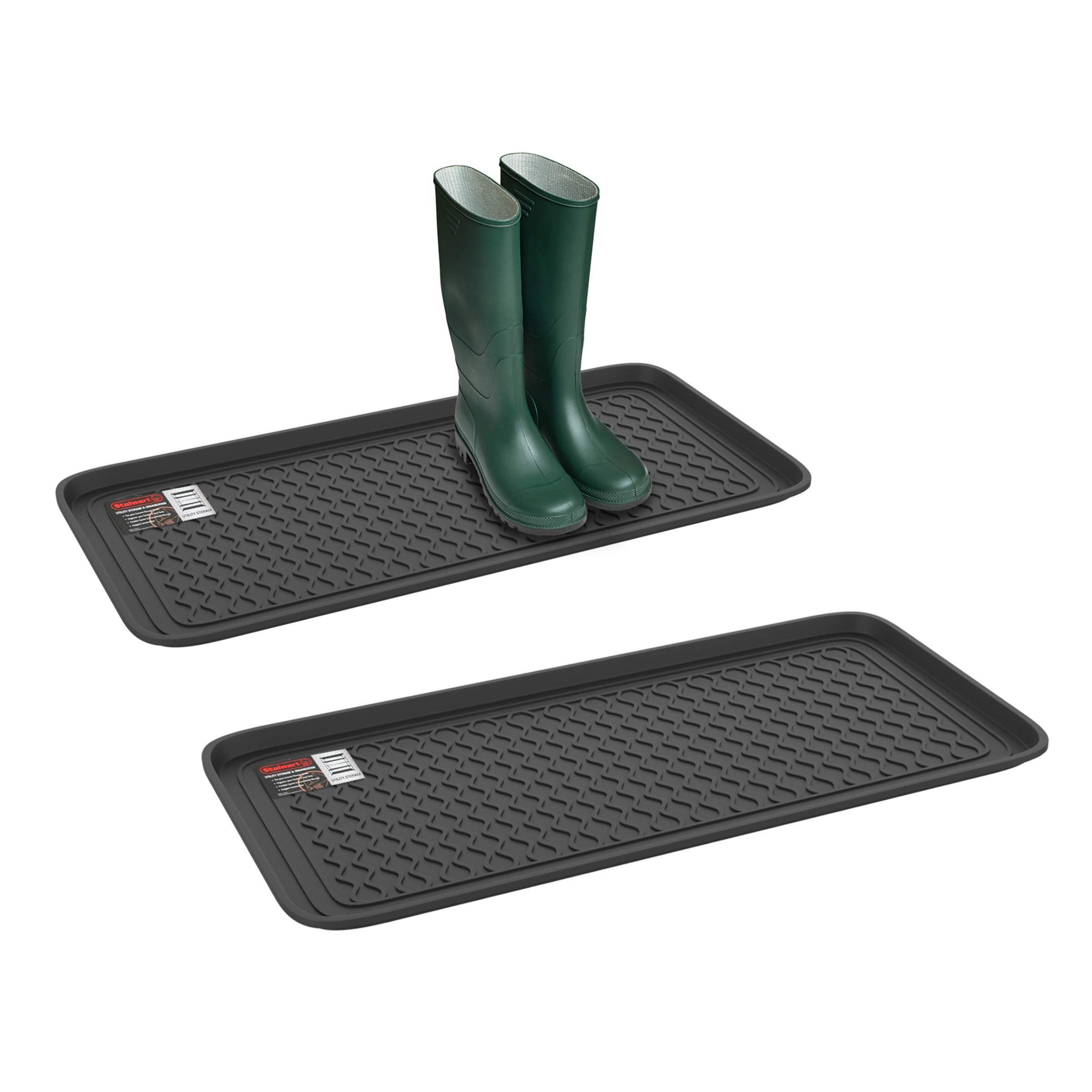 Stalwart boot trays front view showing size and black finish protecting floors