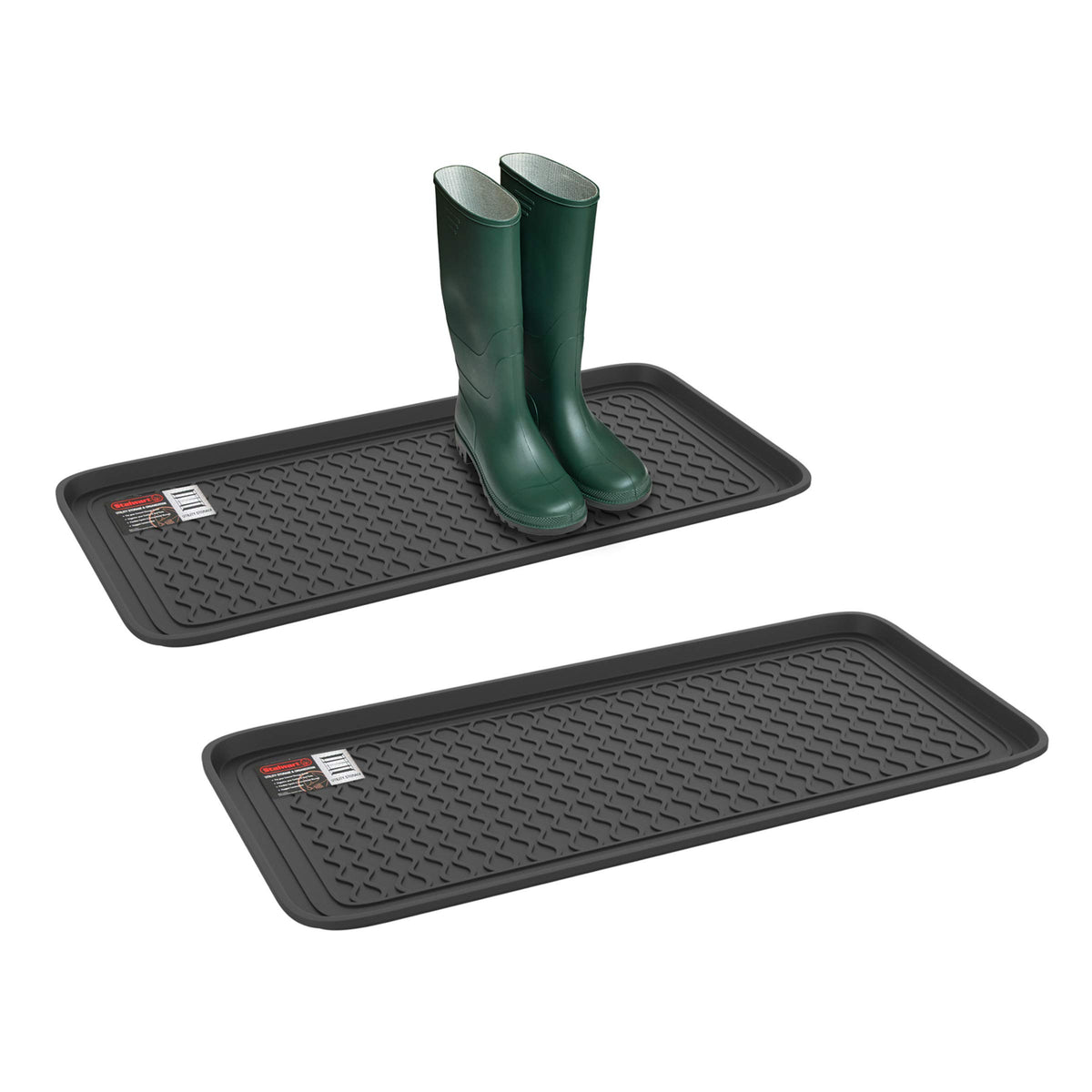 Stalwart boot trays front view showing size and black finish protecting floors