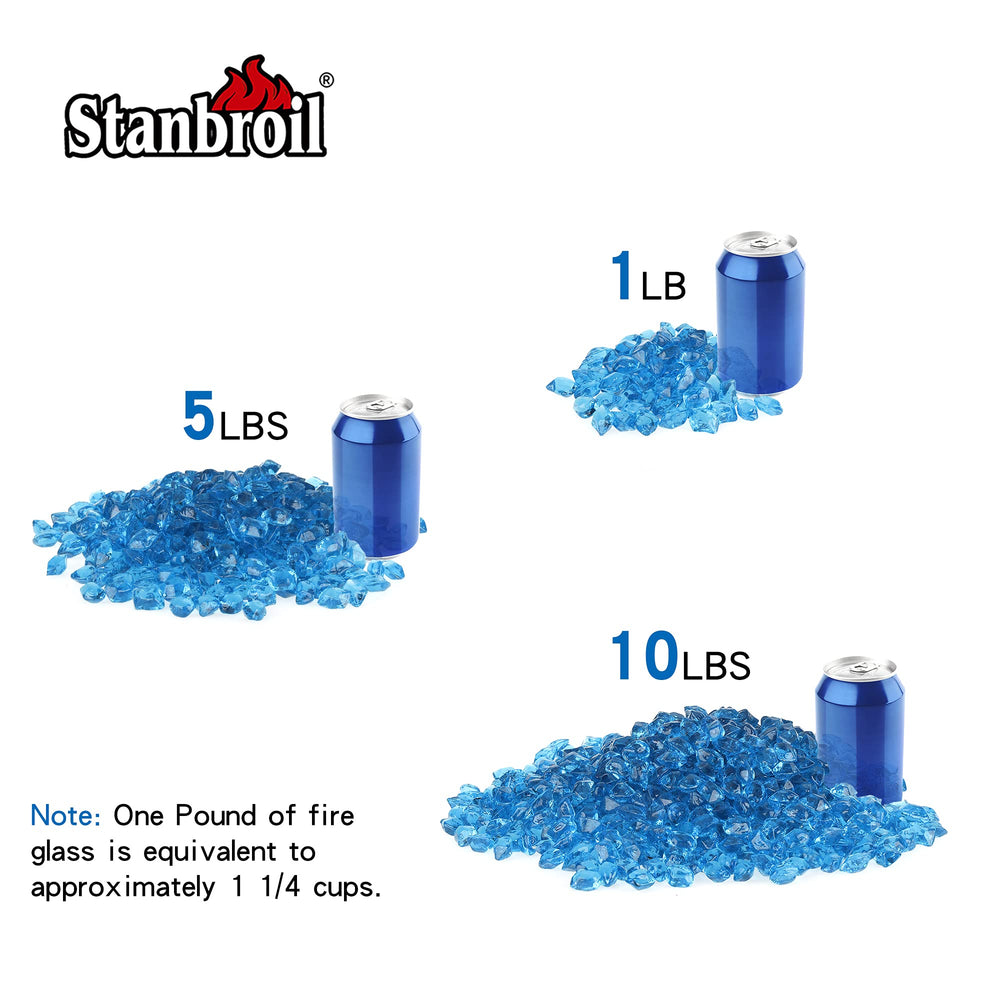 Stanbroil aqua blue fire glass in fire pit showing brighter flames and clean look