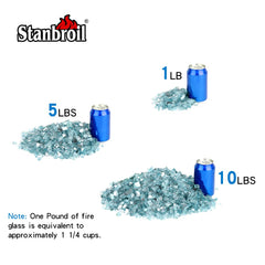 Stanbroil aqua blue glass in fire pit creating reflective flames and cleaner burn