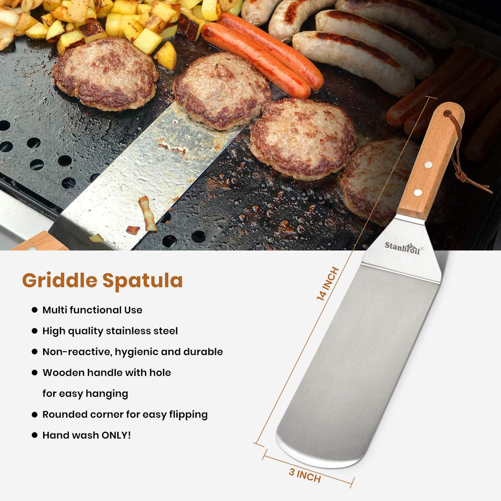 Stanbroil cast iron grill press top view demonstrating even heat and weight benefit