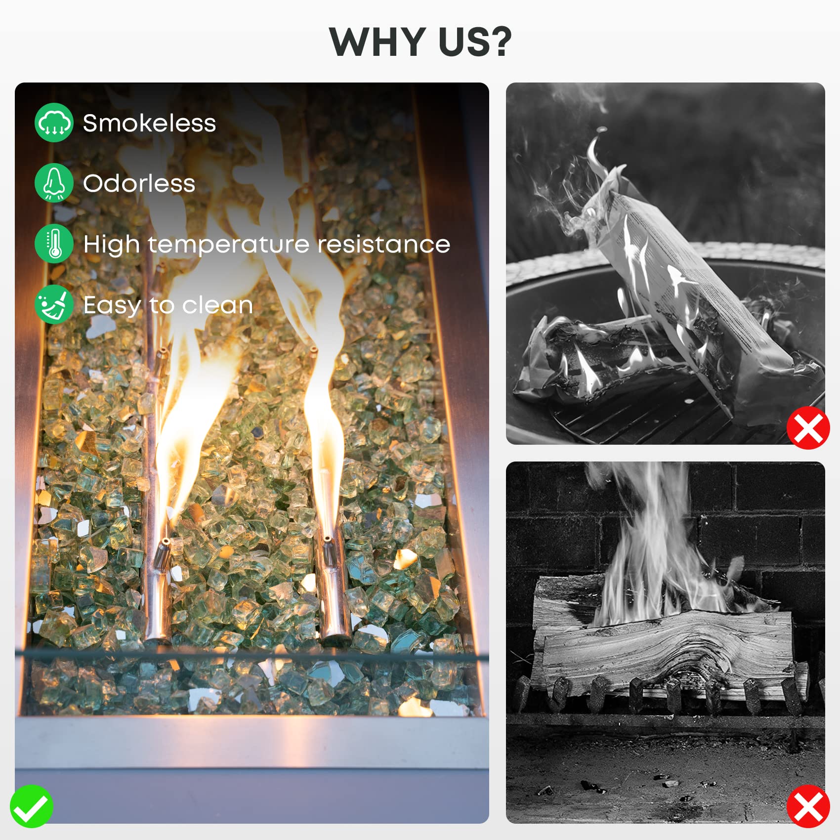 stanbroil fire pit filled with light green glass creating brighter, cleaner flame visuals
