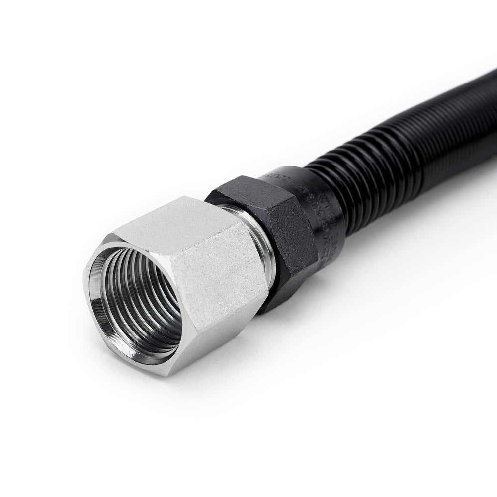Stanbroil close detail of male flare and male NPT fittings for versatile connections
