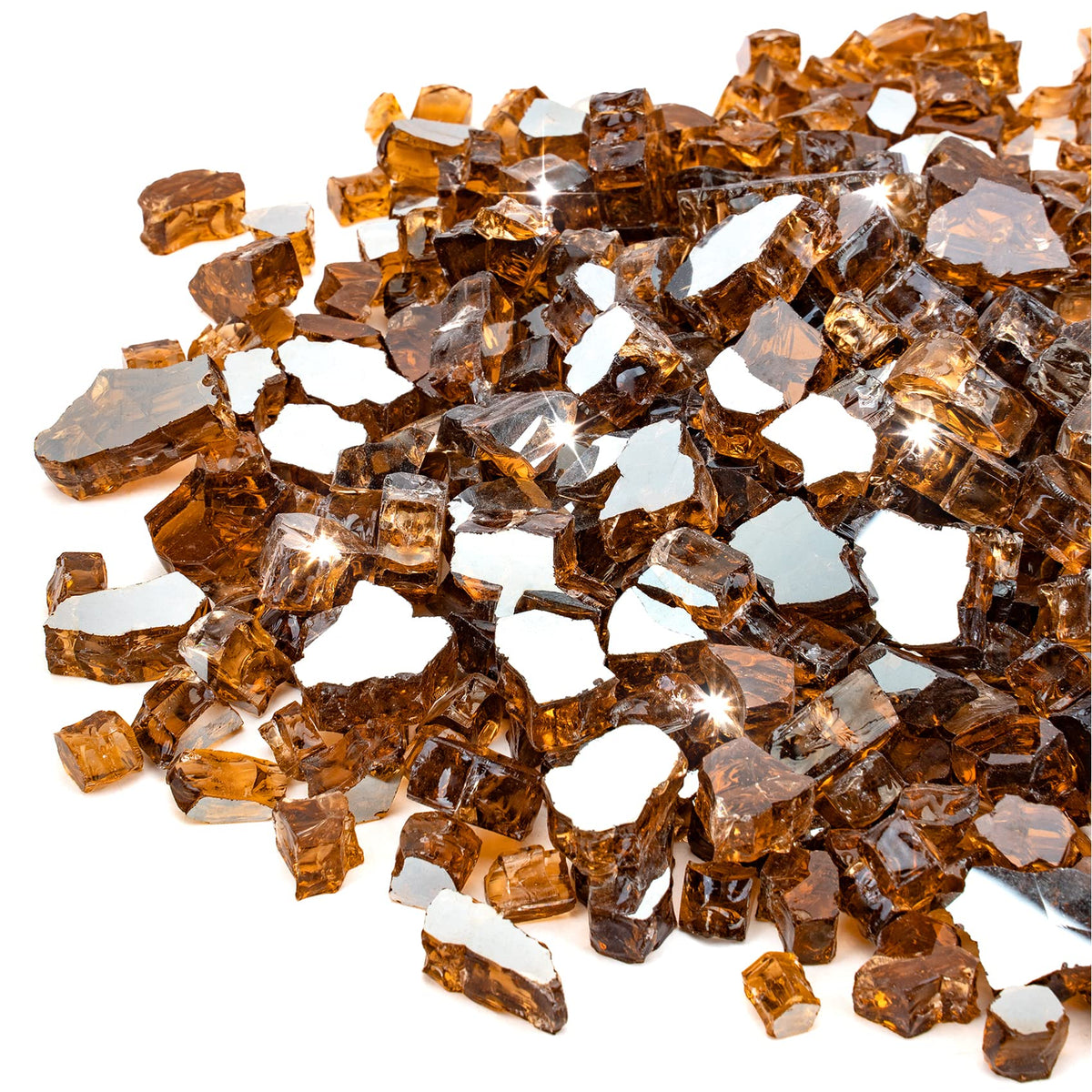 Stanbroil bag front view showing copper reflective fire glass, highlights product weight and finish