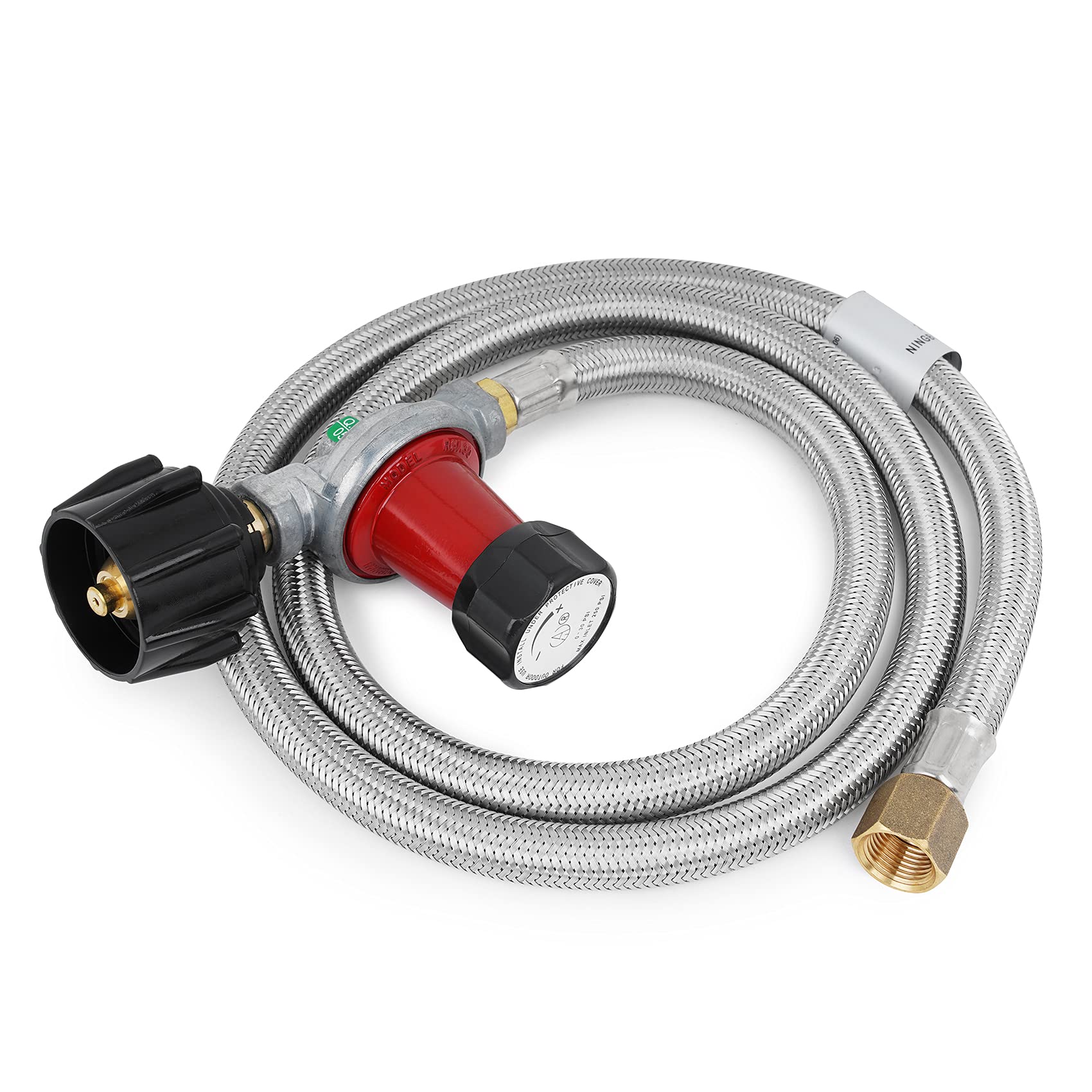 Stanbroil front view of full hose and regulator kit showing complete components and convenience