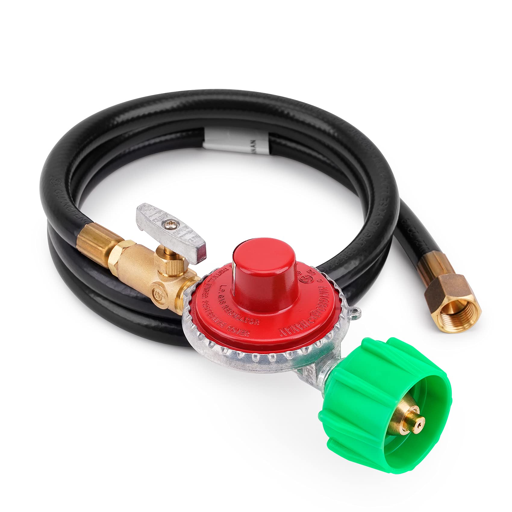 Stanbroil front view of regulator hose kit showing components and secure connection benefit