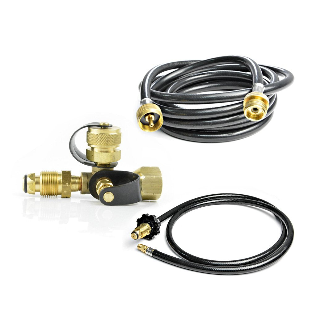 Stanbroil kit front view showing brass 4-port tee and both hoses for reliable connections
