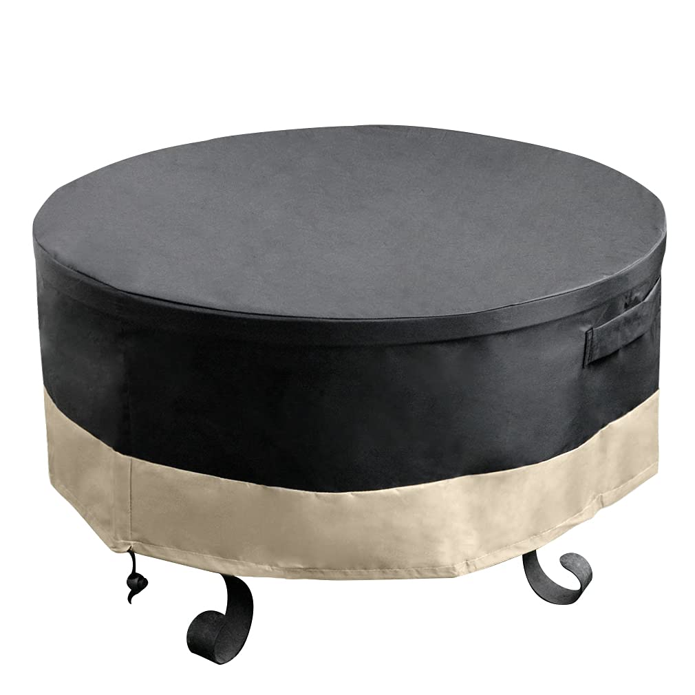 Stanbroil front view of cover protecting a round fire pit, shows full coverage benefit