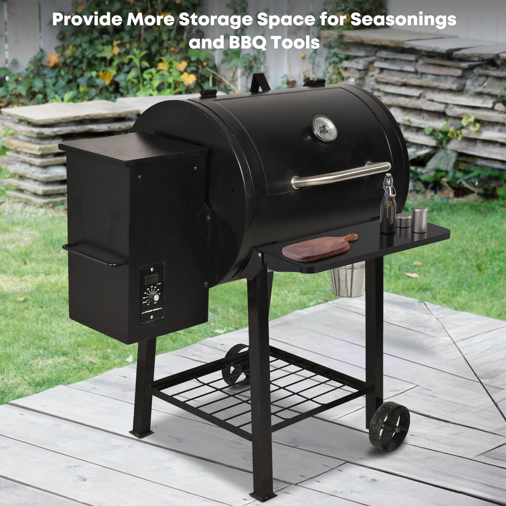 Stanbroil front shelf in use with plates and tools offering convenient staging