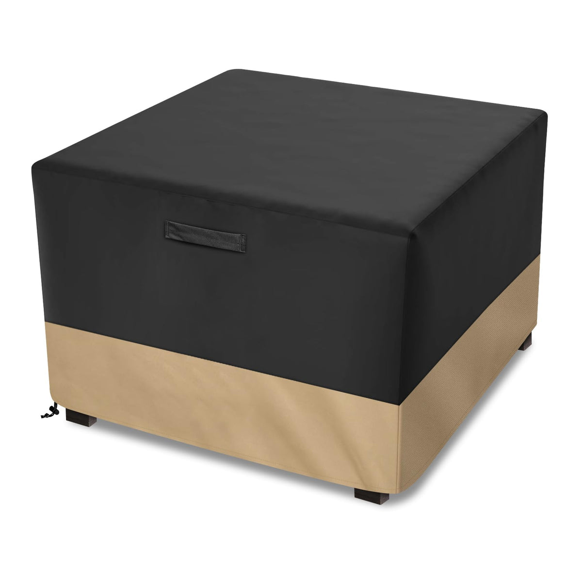 Stanbroil front view of 40in square cover protecting fire pit, keeps pit dry