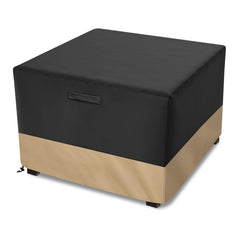 Stanbroil front view of 40in square cover protecting fire pit, keeps pit dry