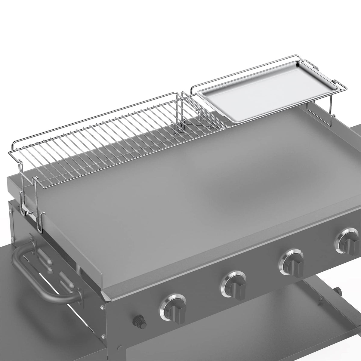 Stanbroil warming rack front view on 36" Blackstone showing extra warming space