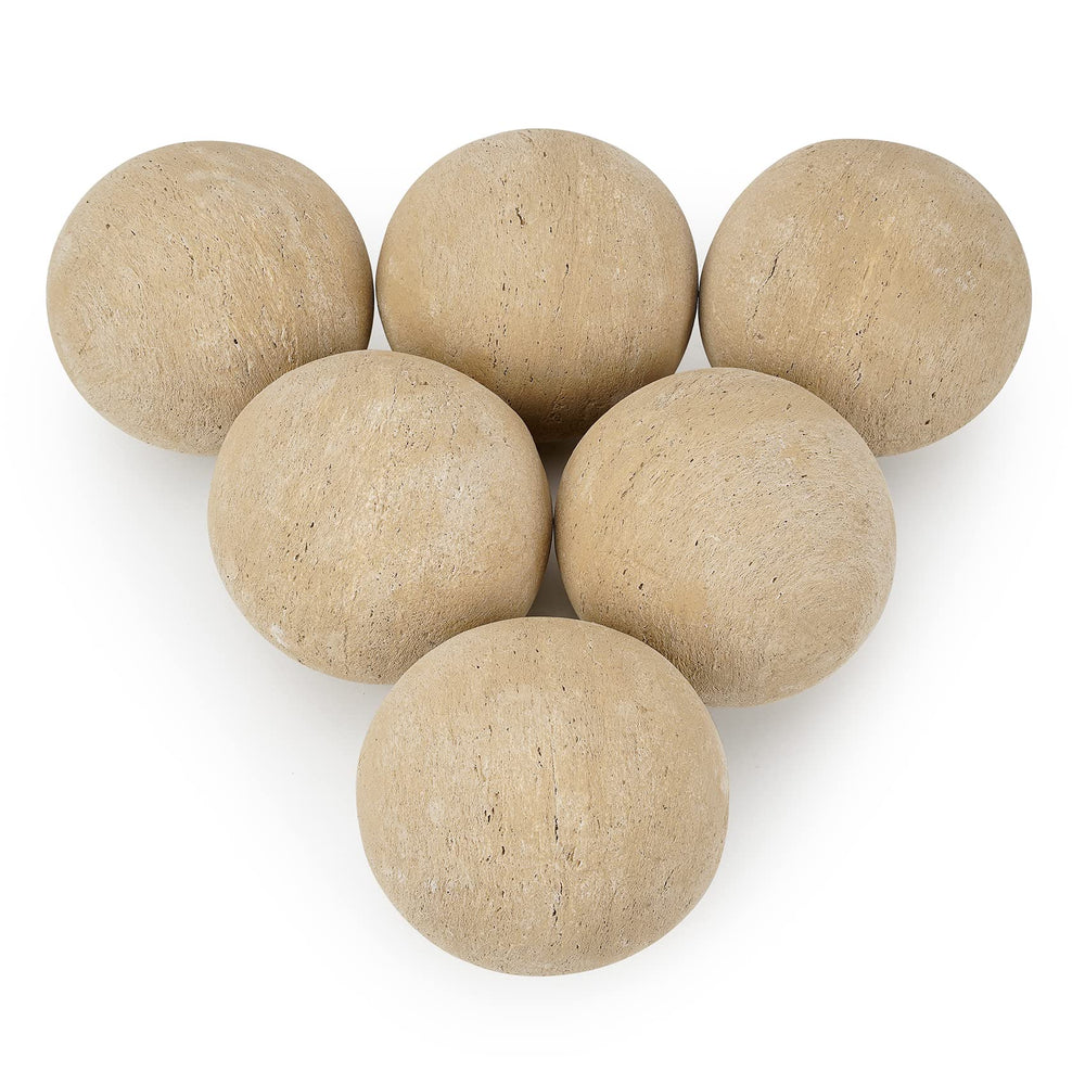 Stanbroil front view of six beige ceramic fireplace balls showing clean finish and cohesive set benefit
