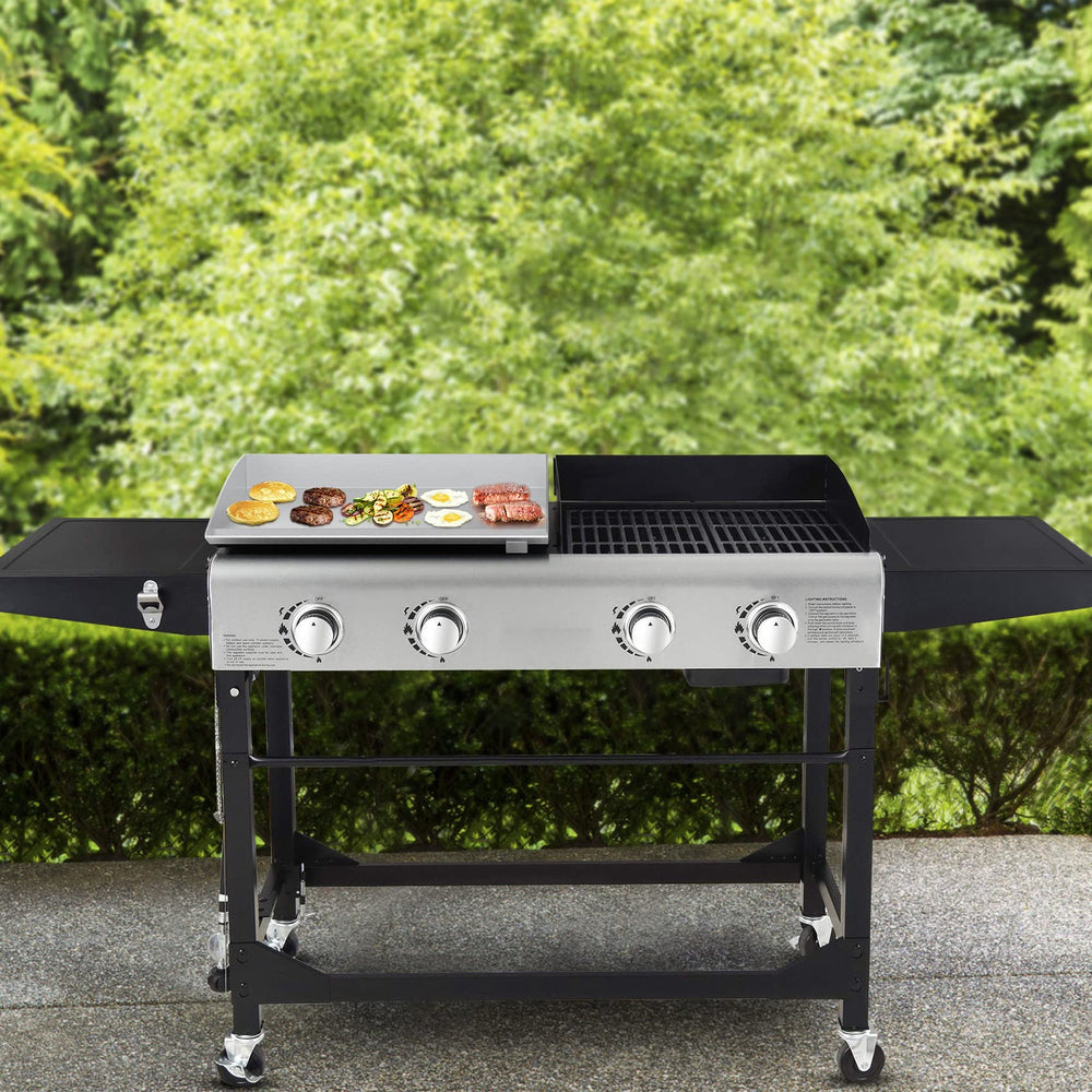 Stanbroil griddle in use with burgers and vegetables demonstrating even cooking performance