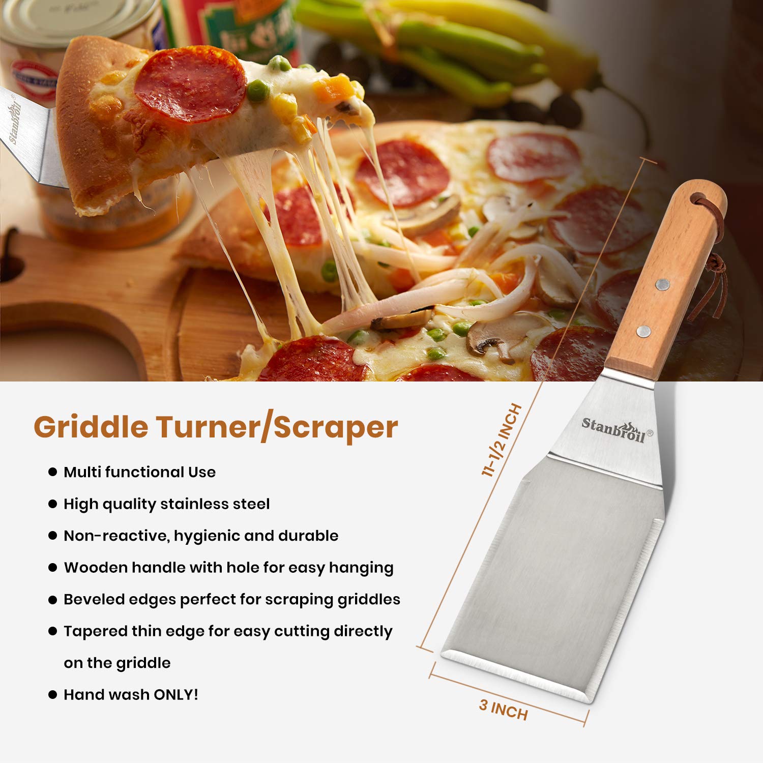 Stanbroil griddle scraper and turner detail showing strong stainless steel advantage