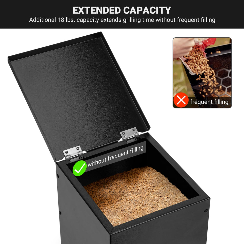 Stanbroil hopper extension installed on Traeger Pro 34 demonstrating longer unattended cooks benefit