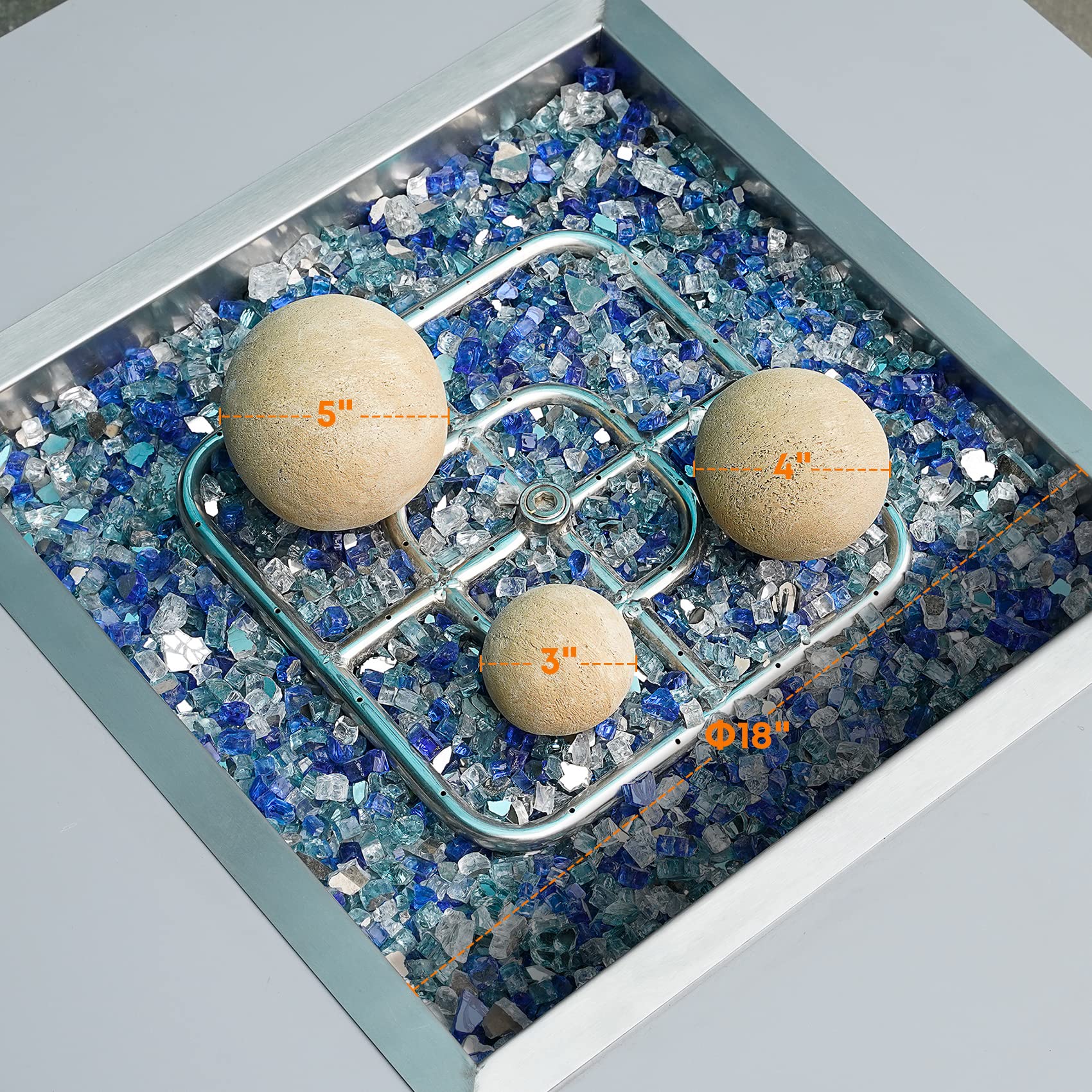 Stanbroil ceramic balls in a gas fire pit with even flames showing improved flame distribution