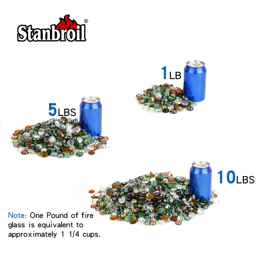 Stanbroil glass beads in a lit fire pit creating bright reflective flames