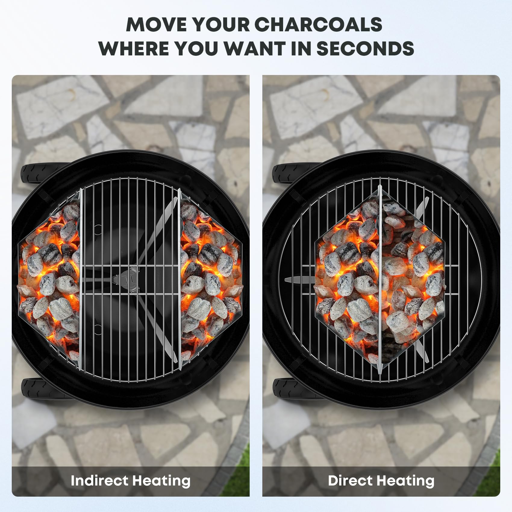 Stanbroil placed inside grill showing two-zone cooking convenience