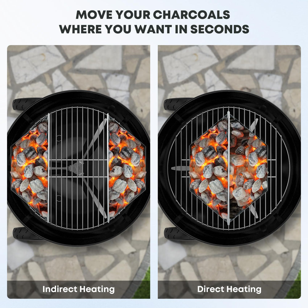 Stanbroil placed inside grill showing two-zone cooking convenience
