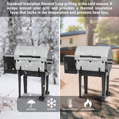Stanbroil in use on grill demonstrating heat trapping and reduced pellet cycling