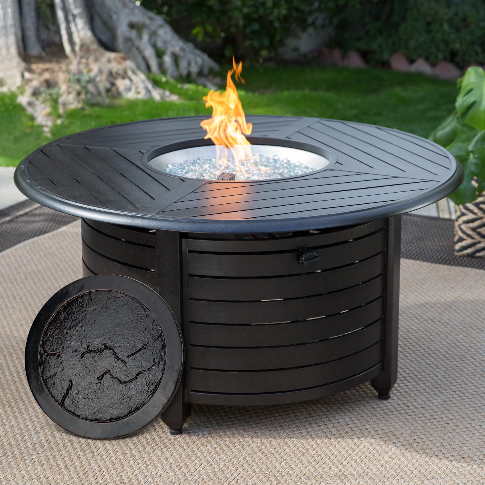 Stanbroil lid installed on Agio table demonstrating compatibility and finished look