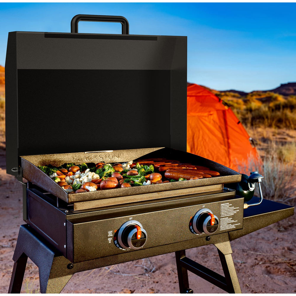 Stanbroil lid in backyard setup protecting griddle from weather