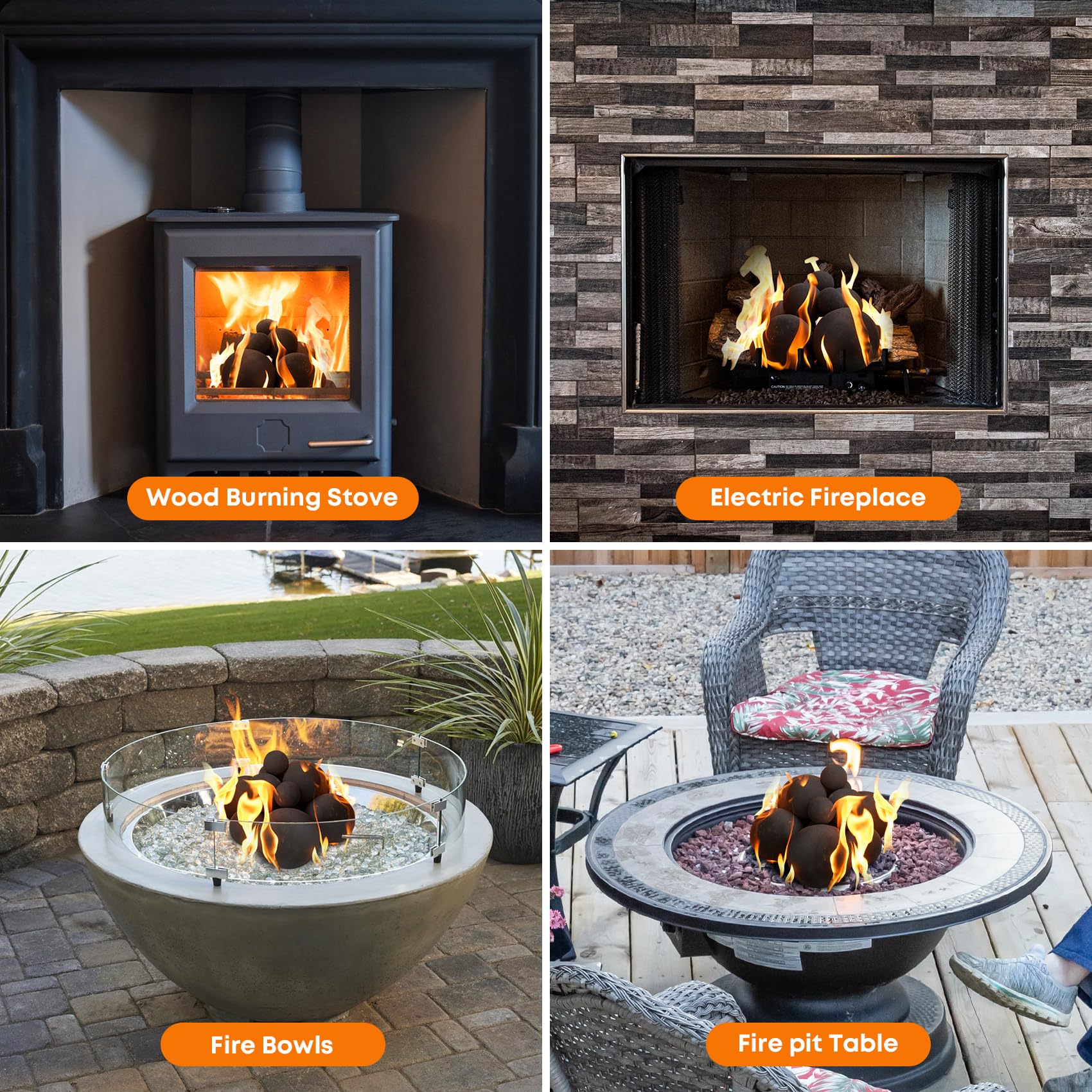 Stanbroil balls styled on a patio fire bowl showing ambiance and design upgrade