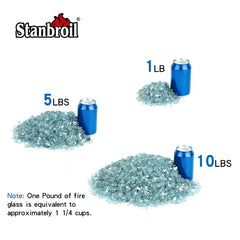 Stanbroil aqua blue fire glass in a lit fire pit showing enhanced flame reflection