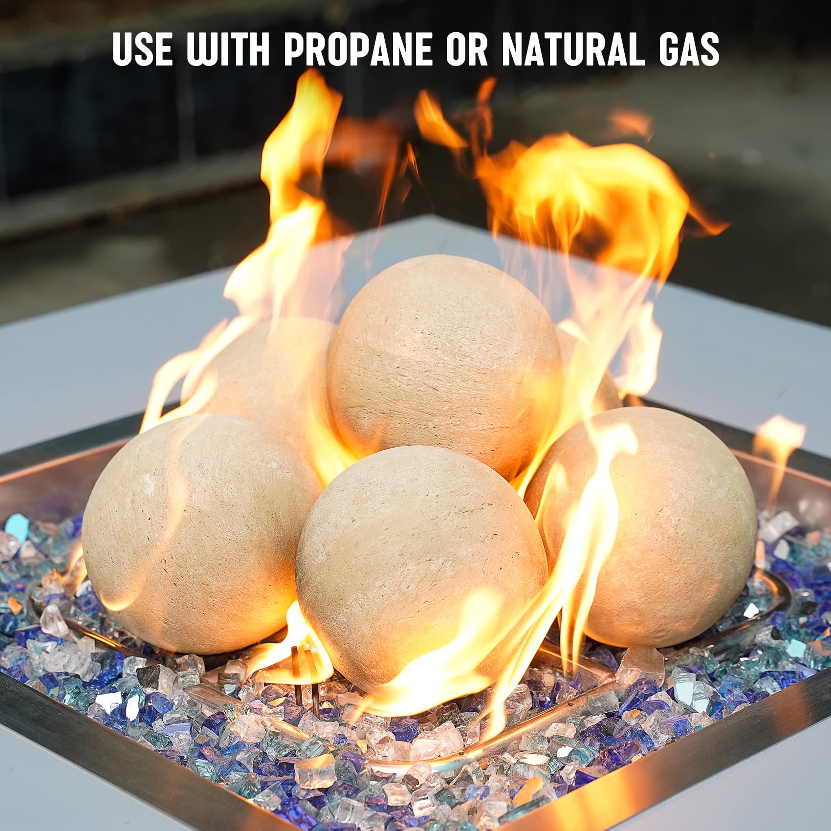 Stanbroil spheres mixed with fire glass demonstrating layered styling and visual depth