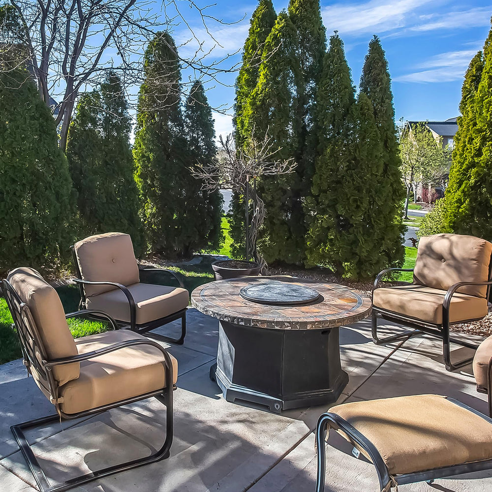 Stanbroil lid on patio table with decor illustrating durable outdoor lifestyle benefit