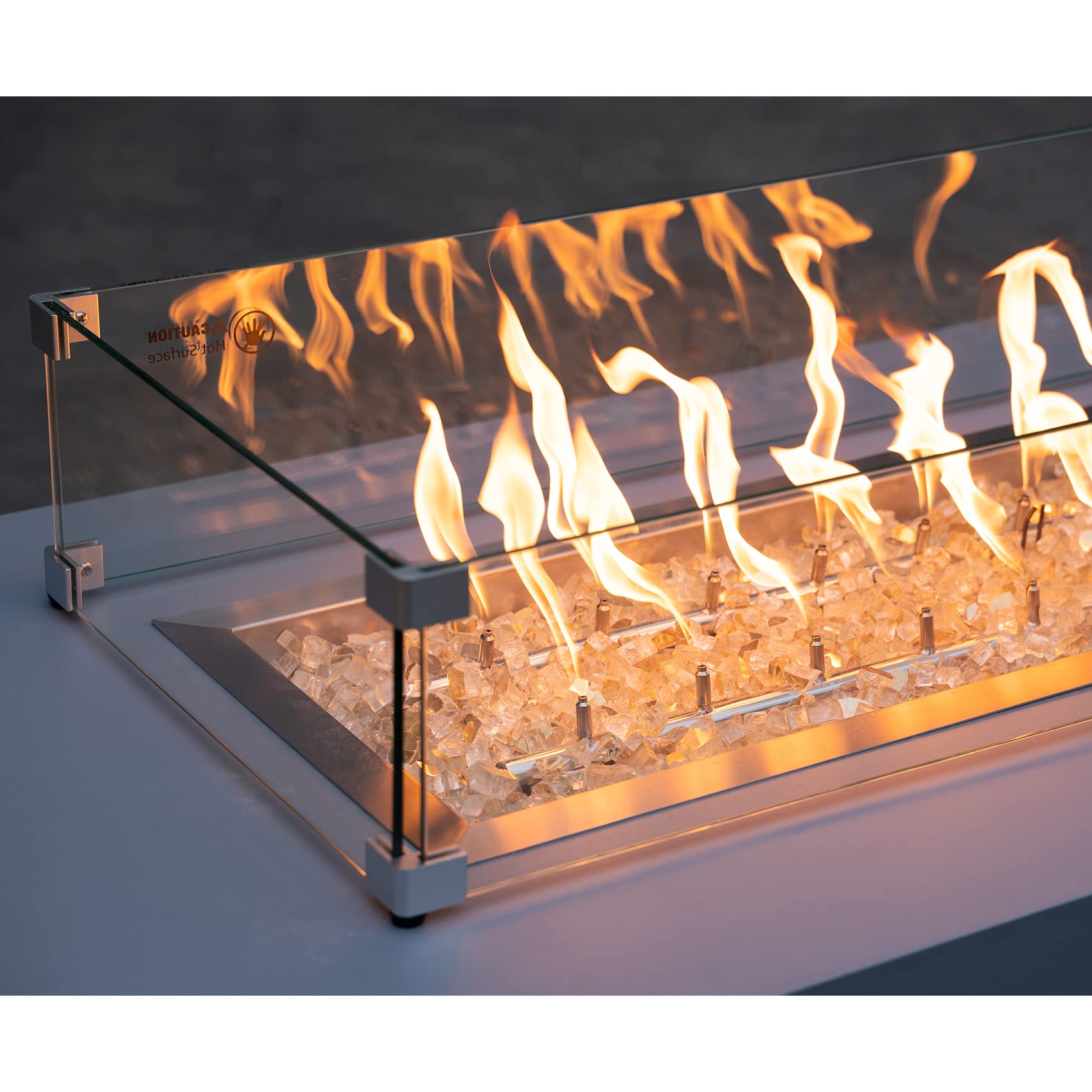 Stanbroil reflective glass under flame highlighting intensified glow effect