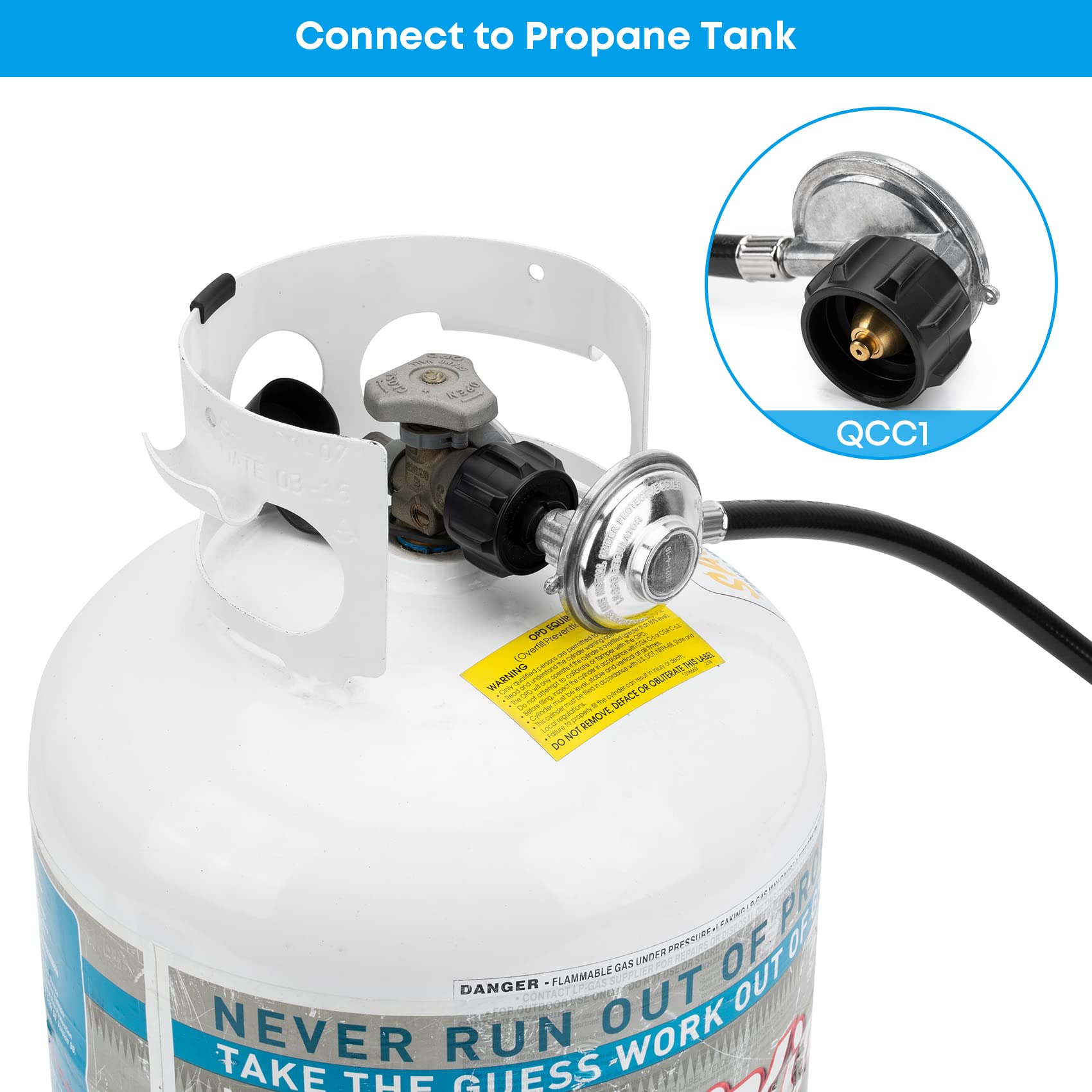 Stanbroil regulator and 18-inch flex line display enabling correct pressure and secure connection