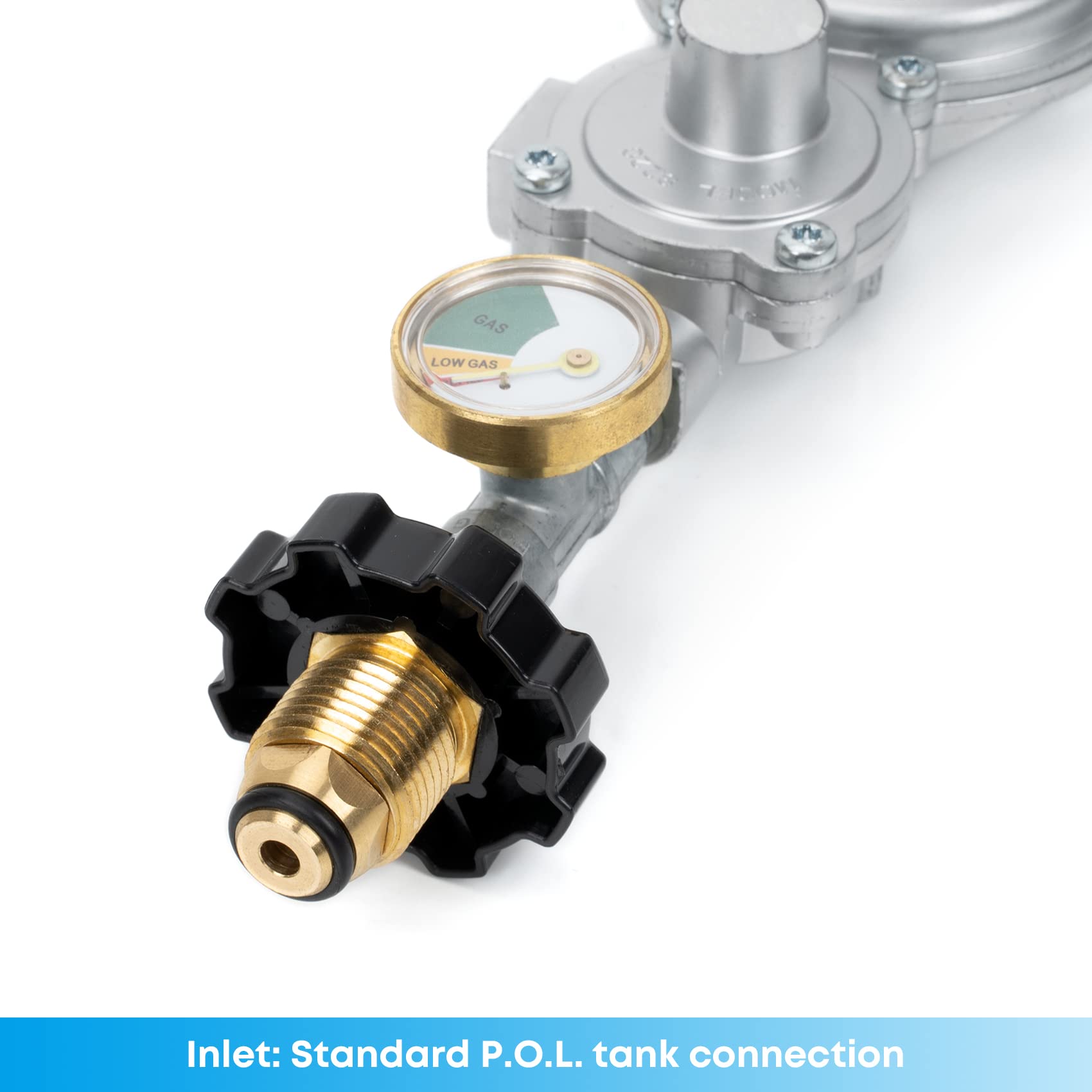 Stanbroil regulator installed on an outdoor heater showing proper horizontal mount