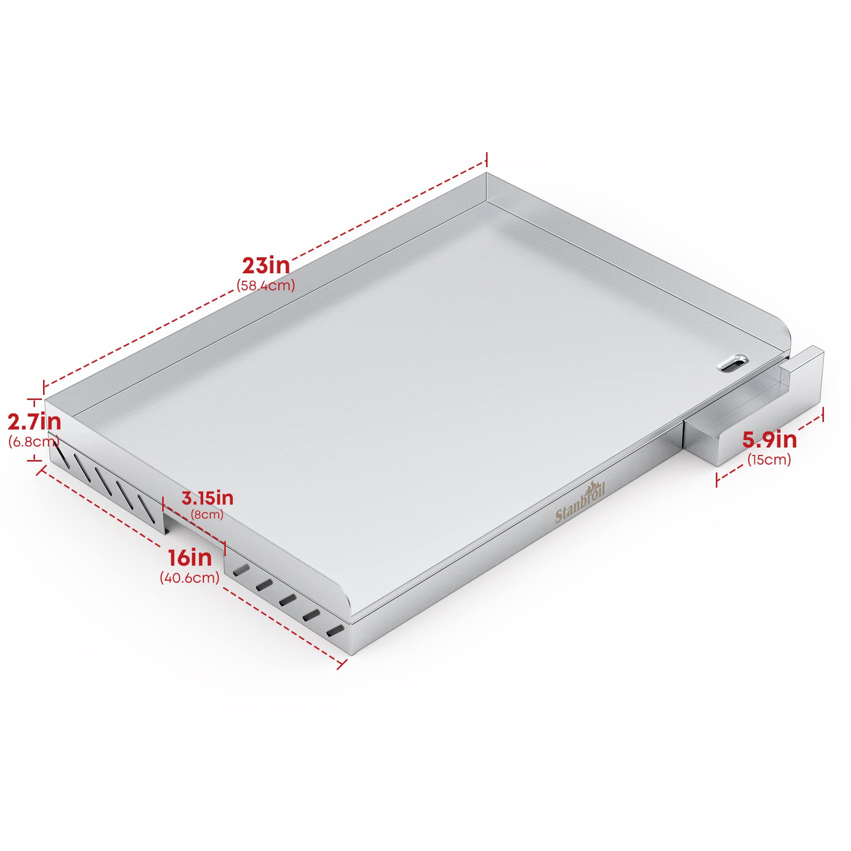 Stanbroil removable grease tray pulled out for fast cleanup and spill prevention