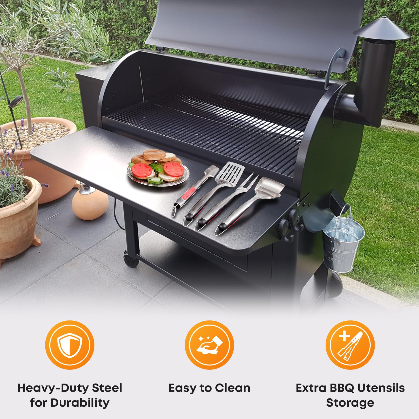 Stanbroil shelf holding plates, tongs, and beverages for convenient grilling prep