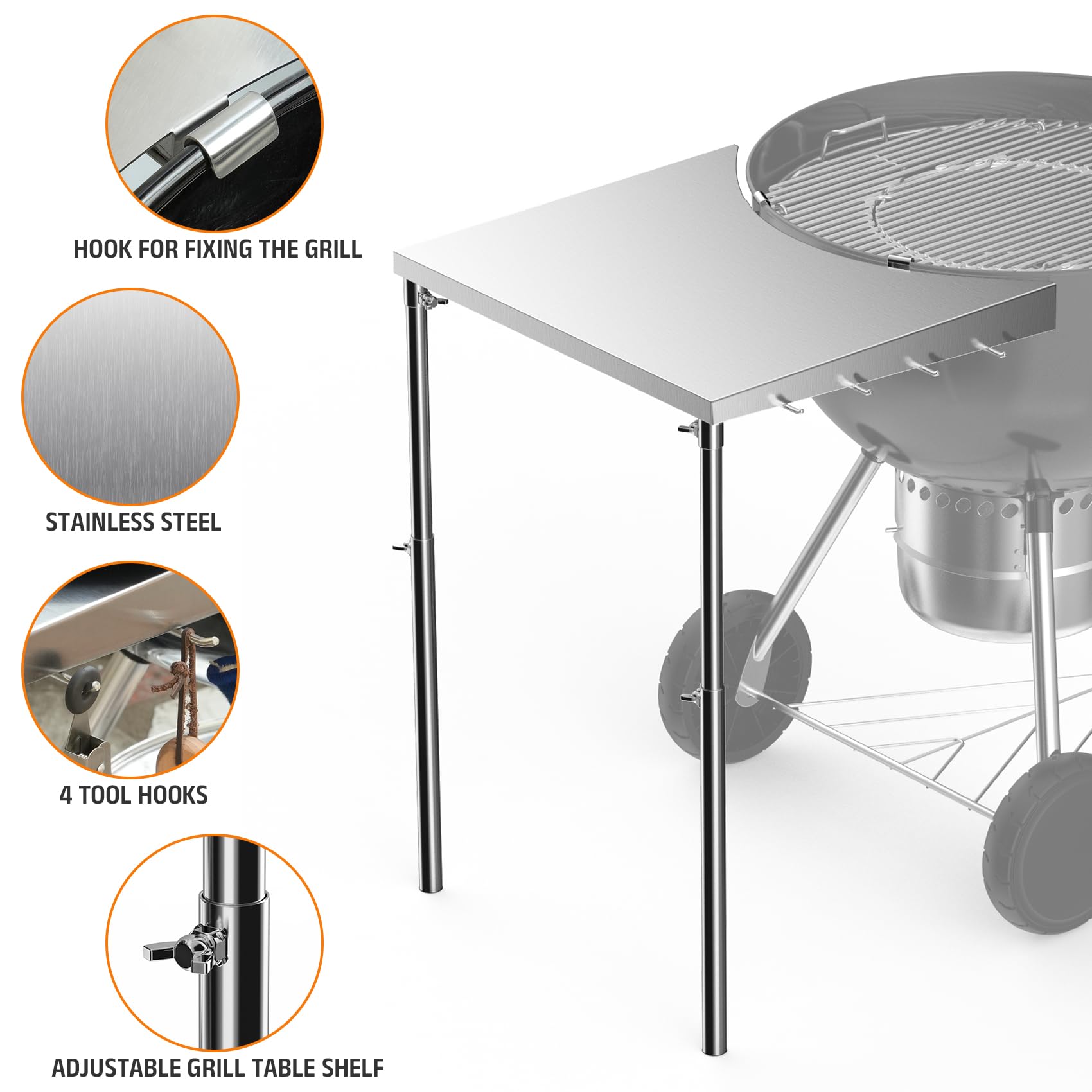 Stanbroil adjustable-leg detail showing height range for comfortable working positions