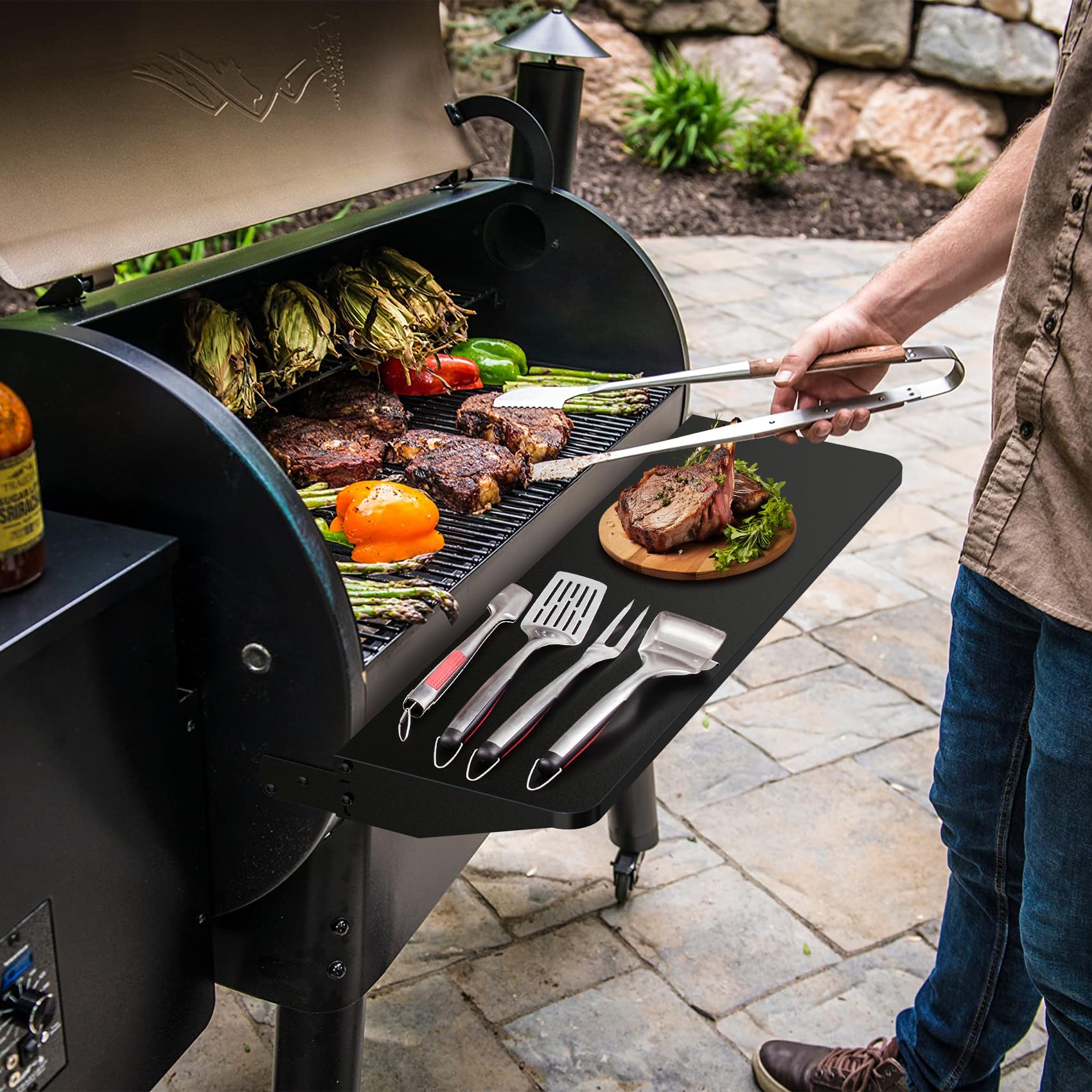 Stanbroil shelf beside grill demonstrating 36.7 inch length and usable scale