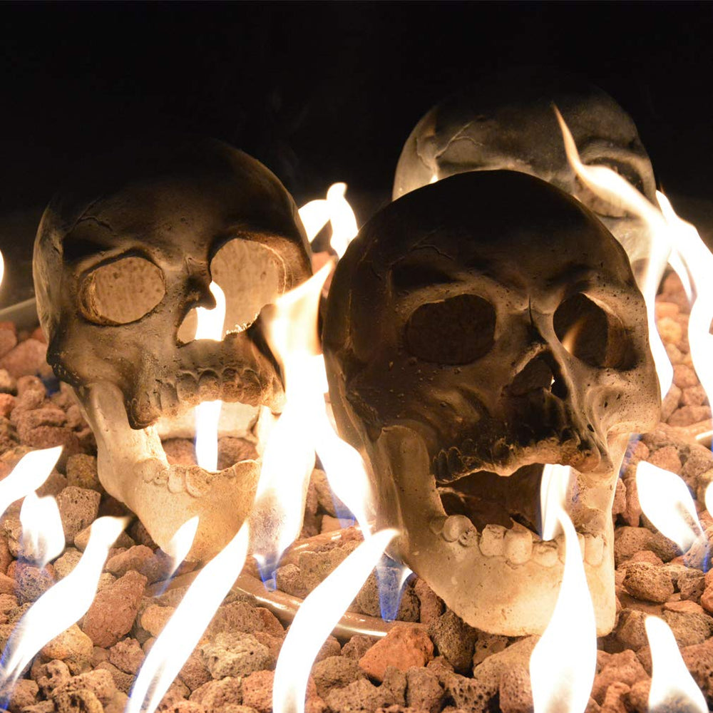 Stanbroil skull with flames through eyes creating eerie fireplace ambiance