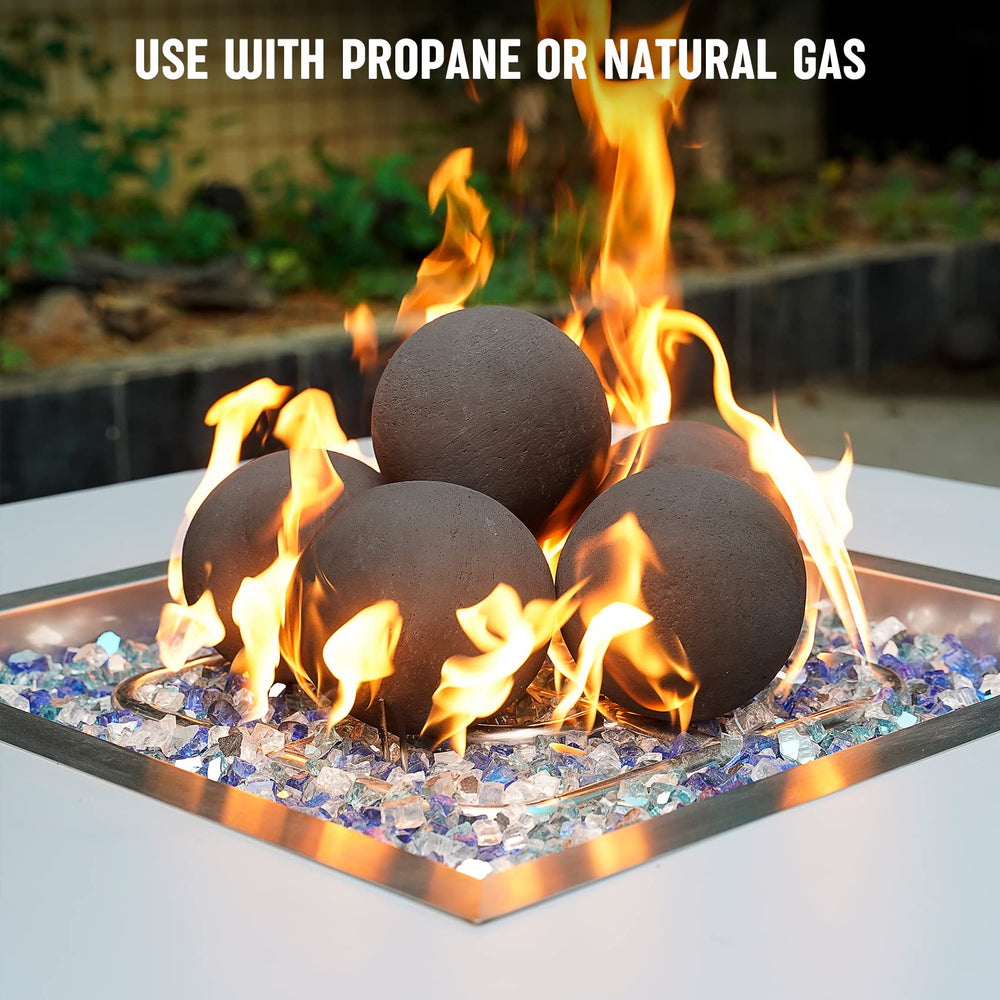 Stanbroil spheres beneath fire glass showing improved flame aesthetics and stability