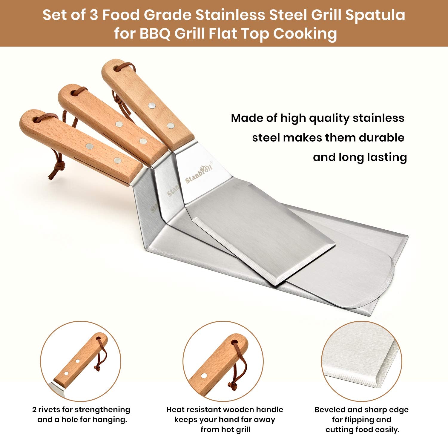Stanbroil tools pictured in use on flat-top griddle for faster cooking benefit