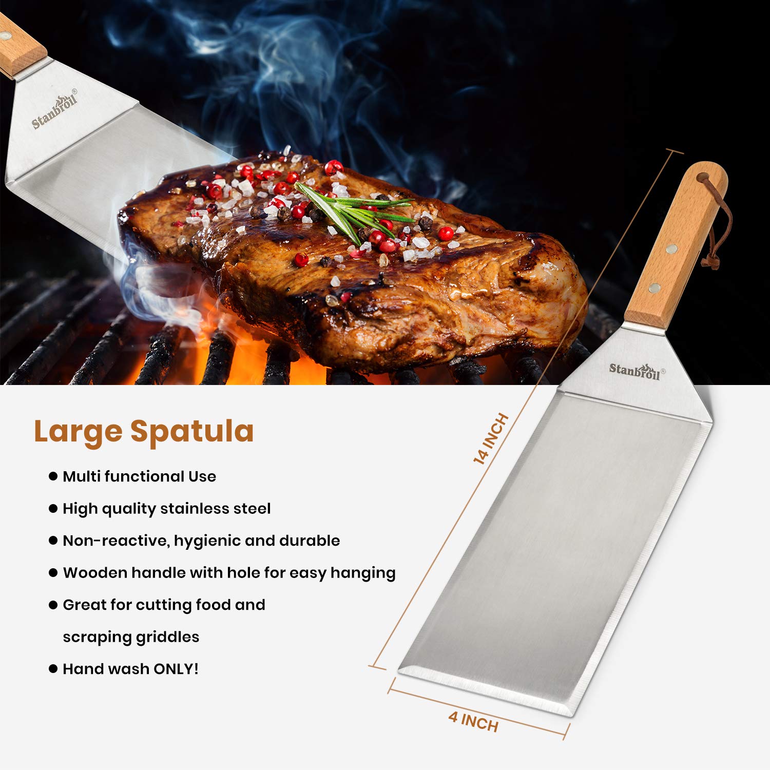 Stanbroil wooden handle texture detail offering comfortable grip and style benefit