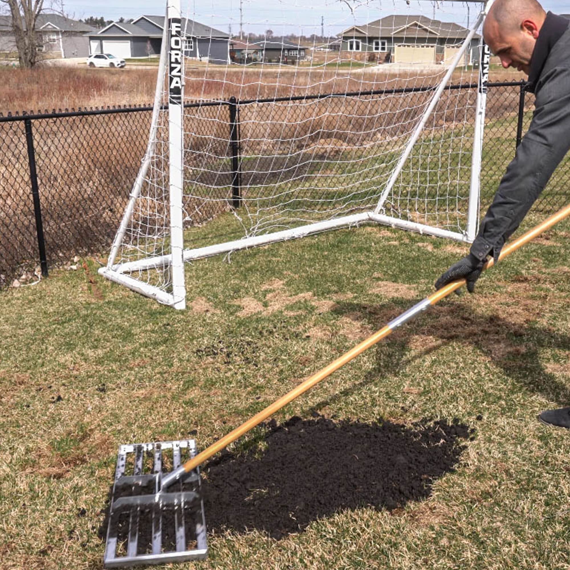 Standard Golf Levelawn Pro size comparison with ruler illustrating 30-inch coverage advantage