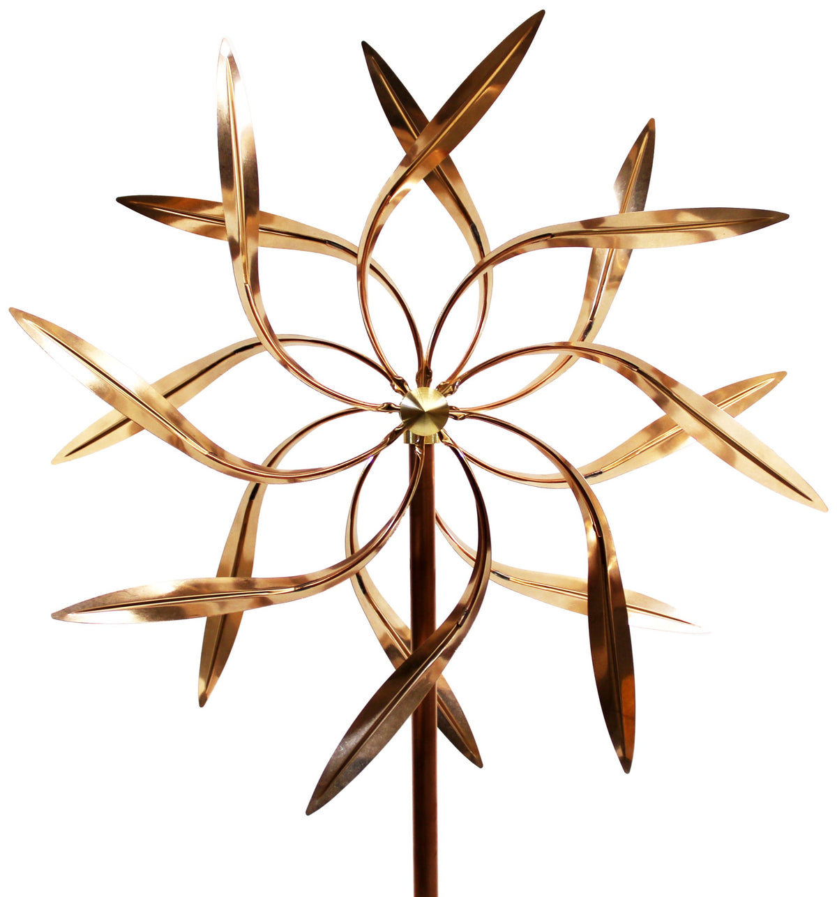 Stanwood Wind Sculpture front view showing copper dual spinners and graceful motion