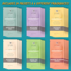 STAR SPLASH packets shown next to tub in bathroom for effortless at-home spa benefit