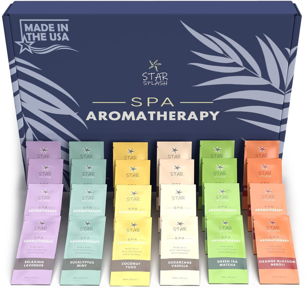 STAR SPLASH front packaging showing 24 relaxing spa scent packets and brand benefit