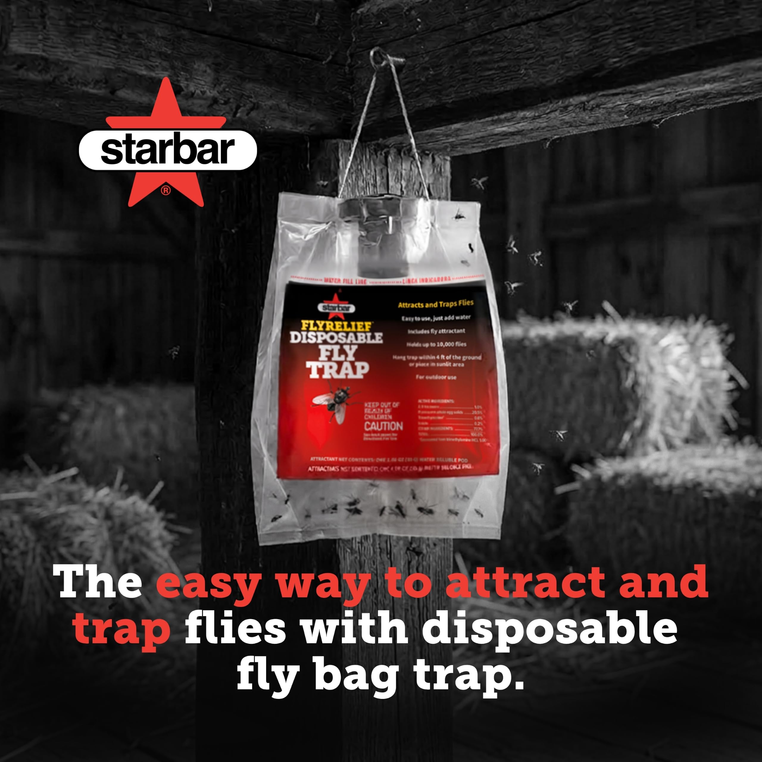 Starbar FlyRelief trap near a patio showing outdoor use and fewer flies during gatherings