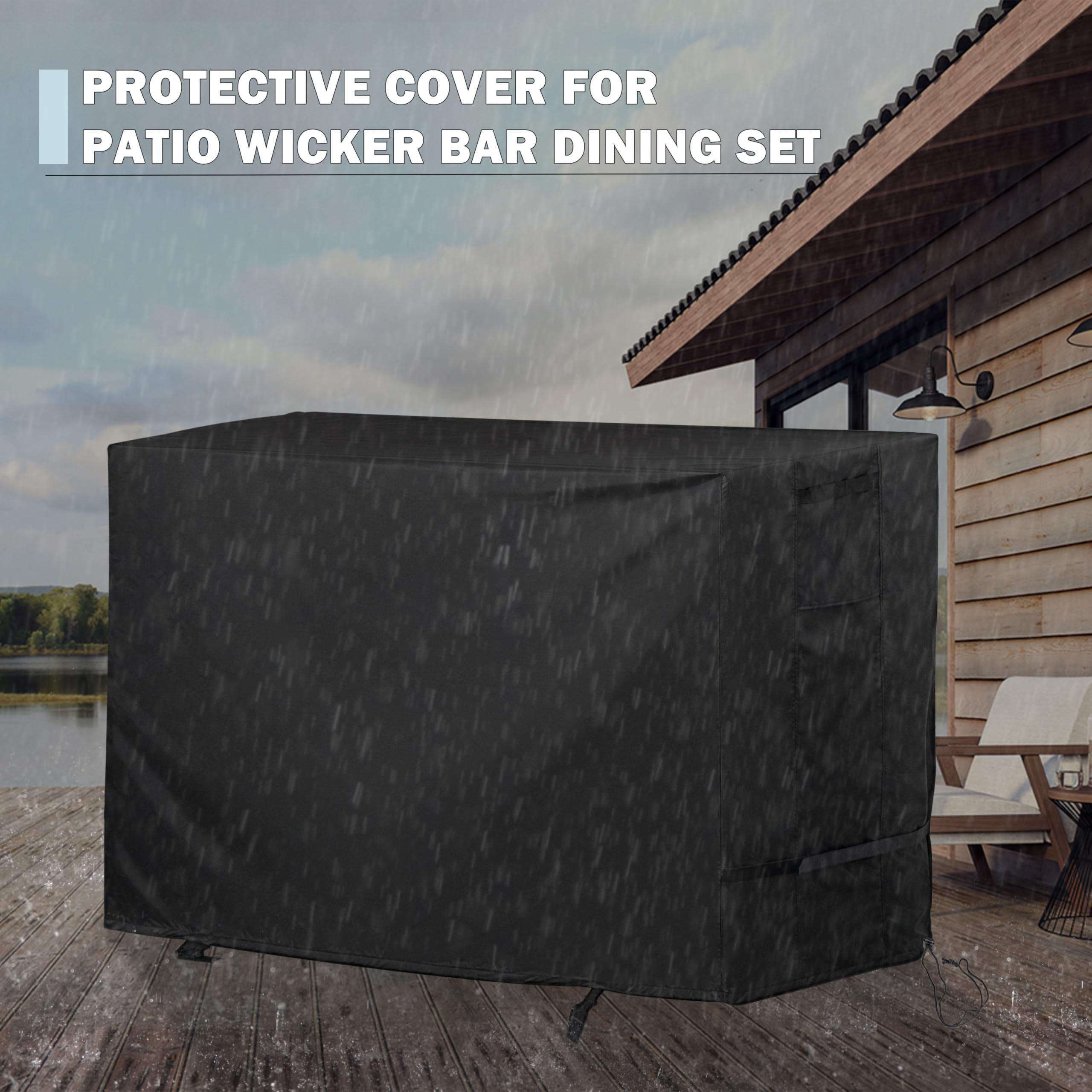 Starcrew cover in use on a deck over a 7-piece bar dining set, protecting from elements