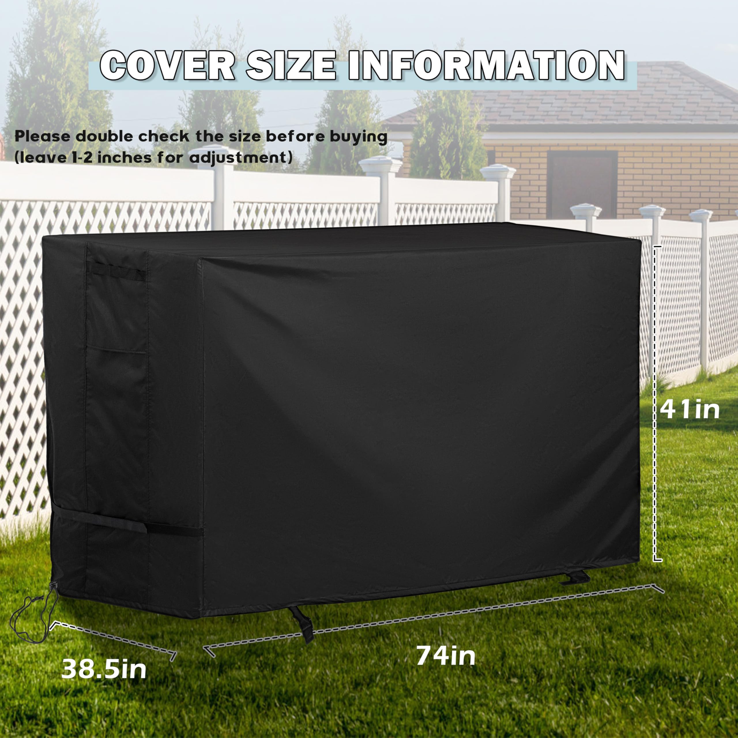 Starcrew cover next to yard scale marker illustrating 74x38.5x41 inch size for fit-check