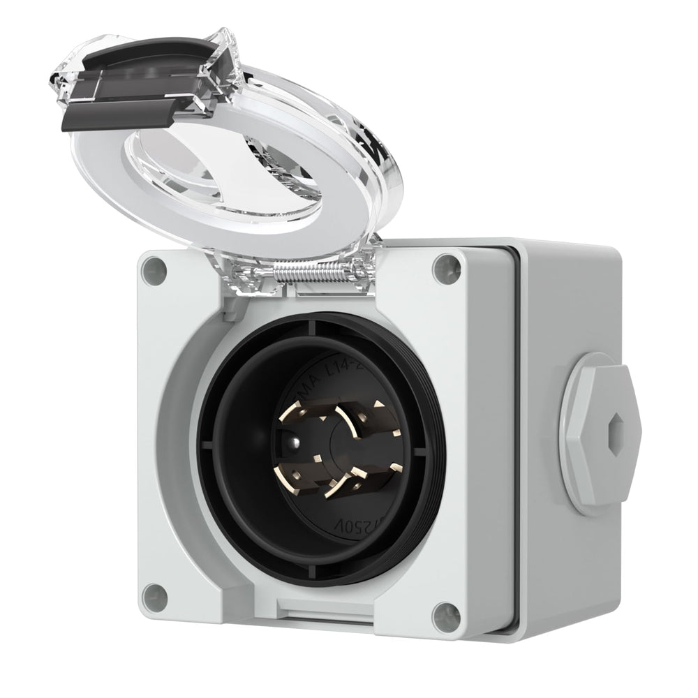 STARELO front view inlet box showing weatherproof cover and secure mounting benefit